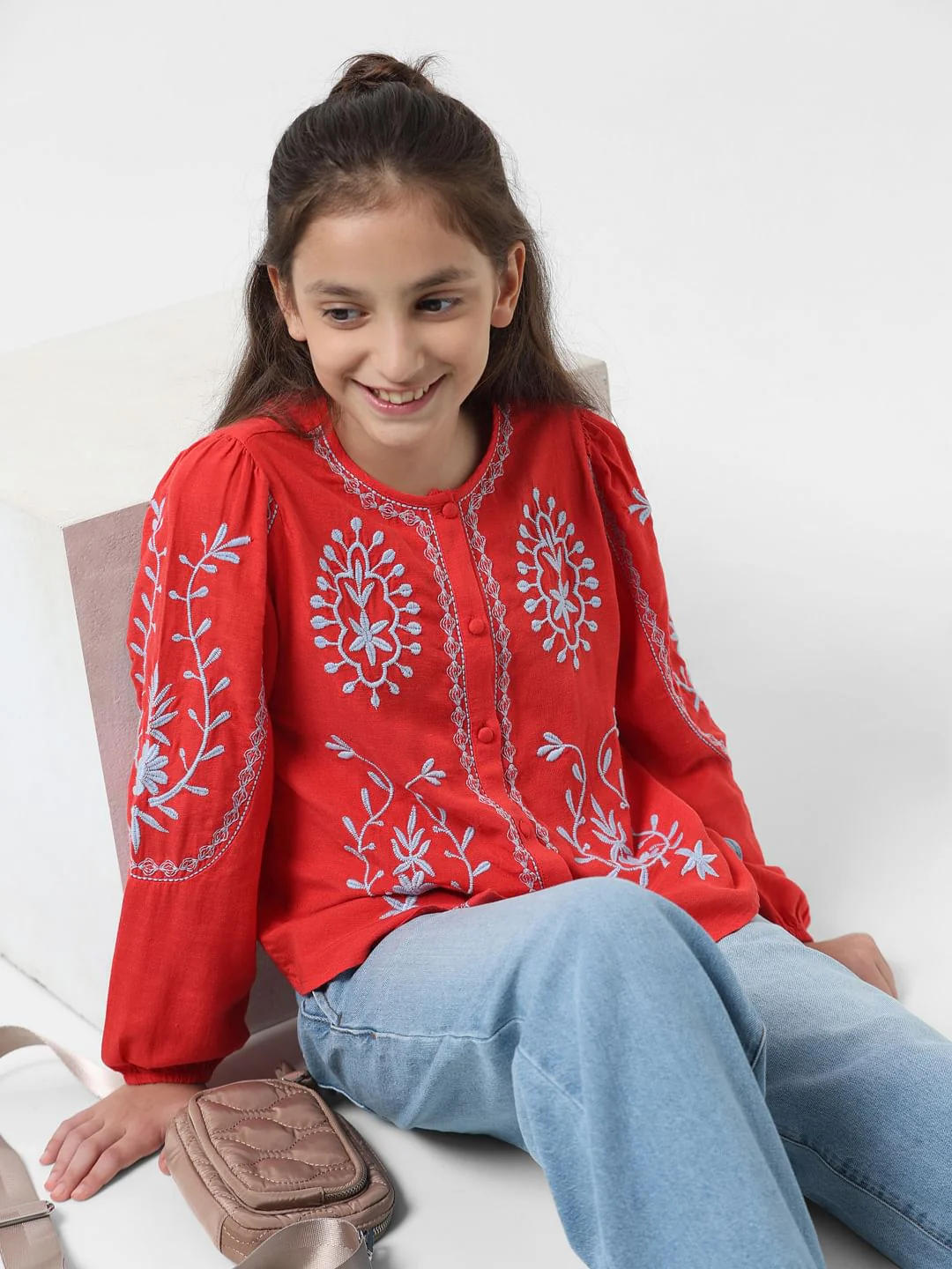 Girl Red Embroidered Top