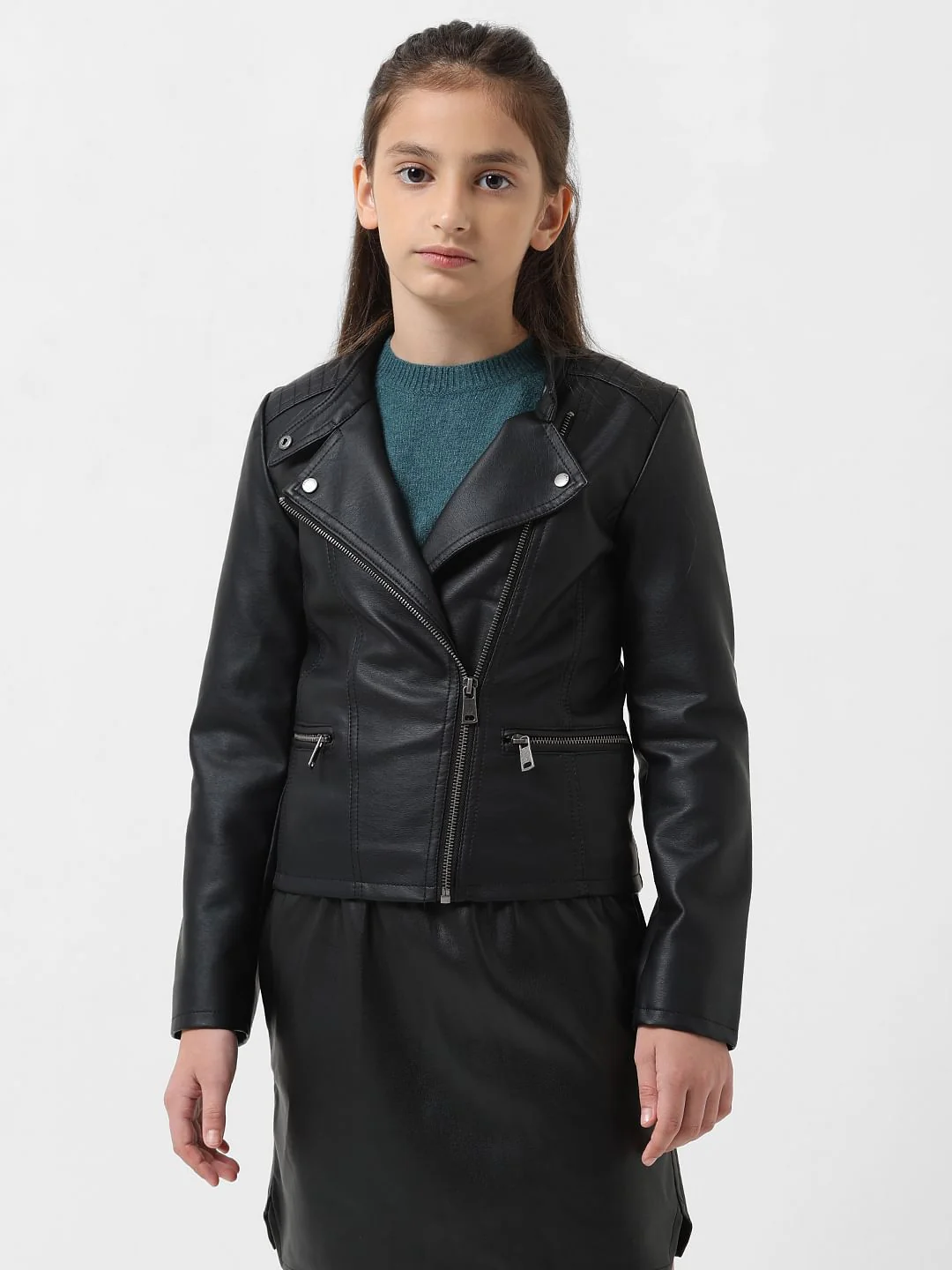Girl Black Faux Leather Biker Jacket - Image 2