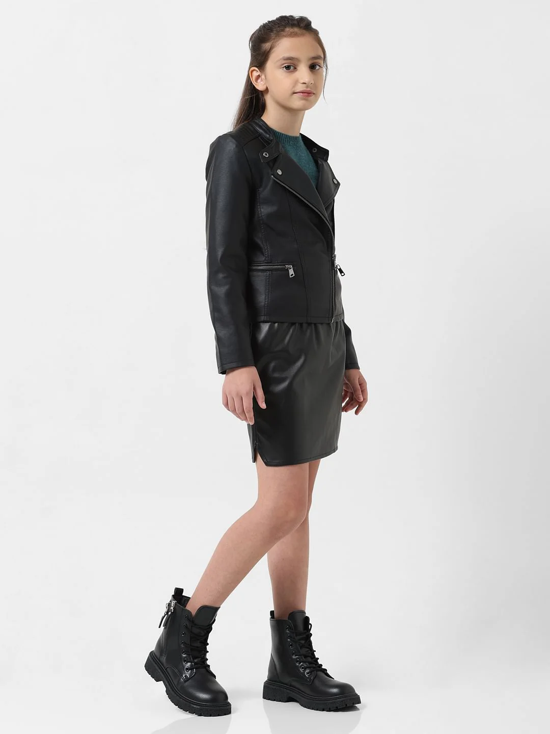 Girl Black Faux Leather Biker Jacket - Image 5