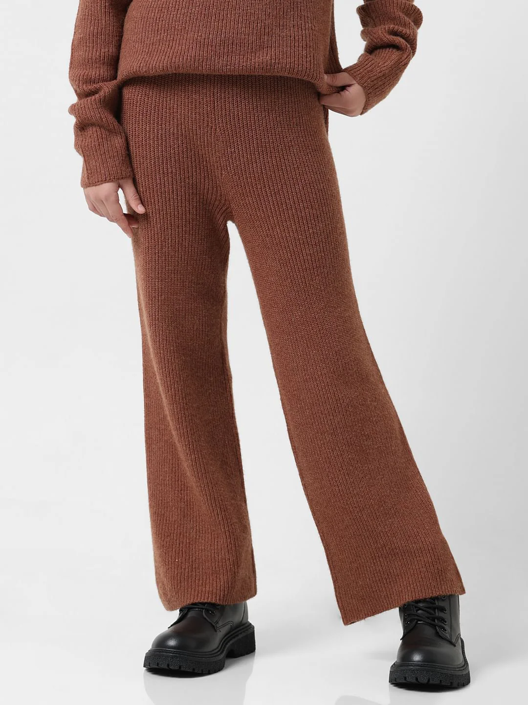 Girl Brown Mid Rise Ribbed Flared Pants - Image 2