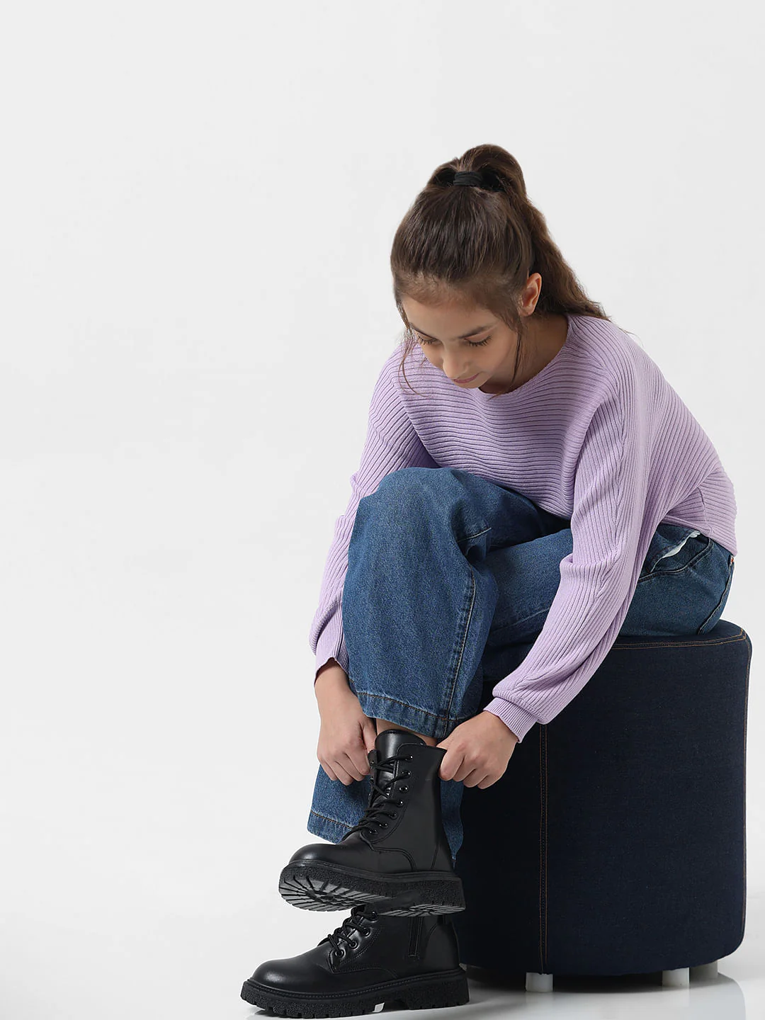 Girl Purple Ribbed Boat Neck Pullover