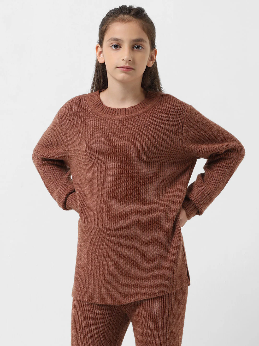 Girl Brown Ribbed Loose Fit Pullover - Image 2