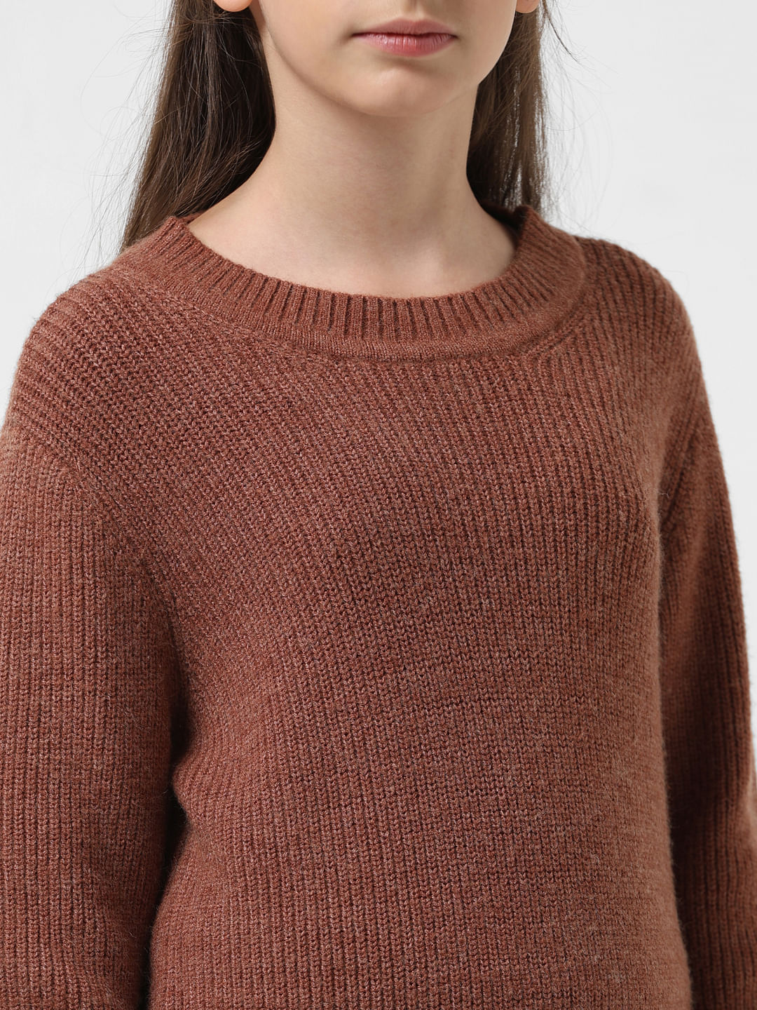 Girl Brown Ribbed Loose Fit Pullover - Image 4