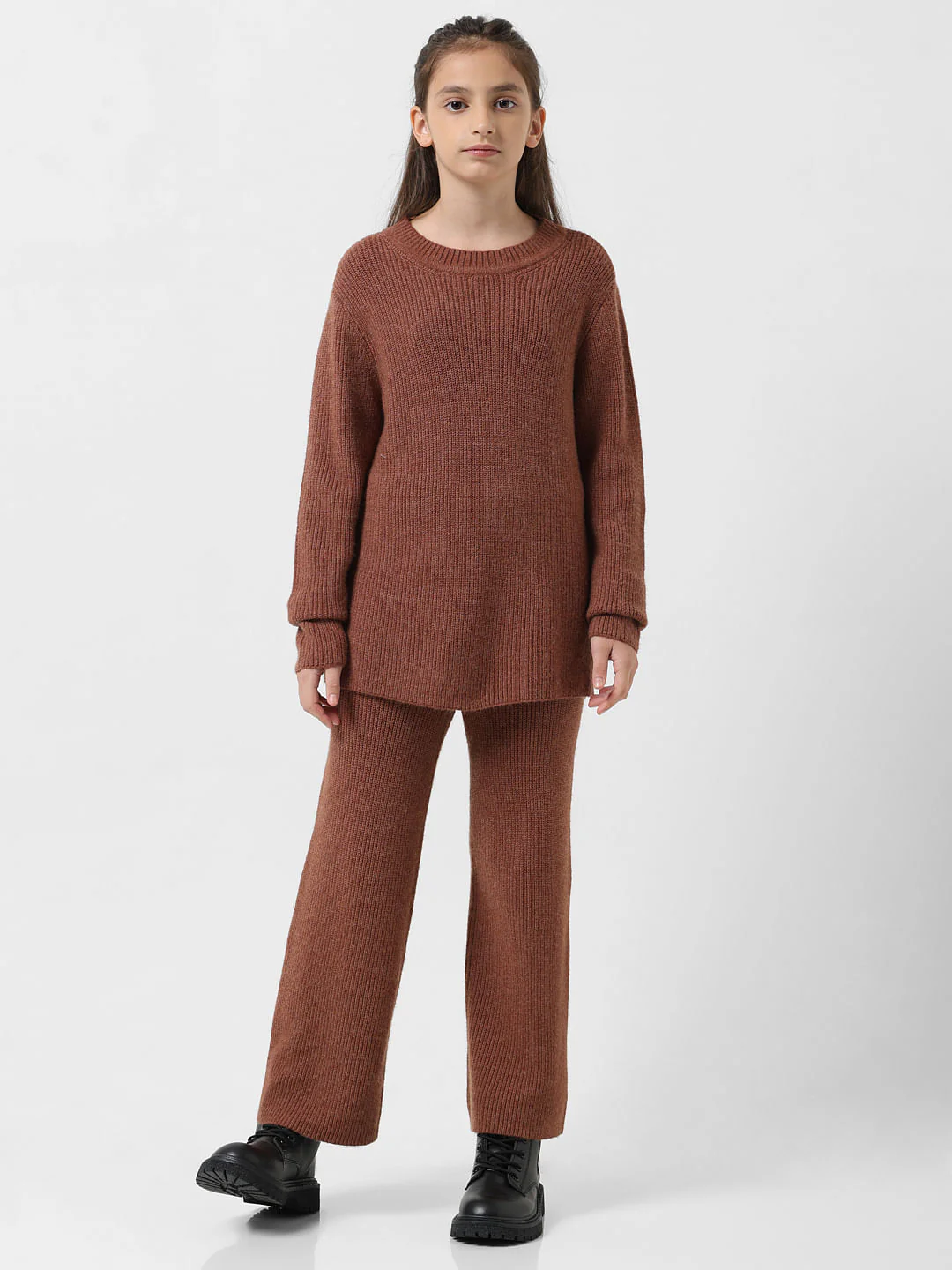 Girl Brown Ribbed Loose Fit Pullover - Image 5