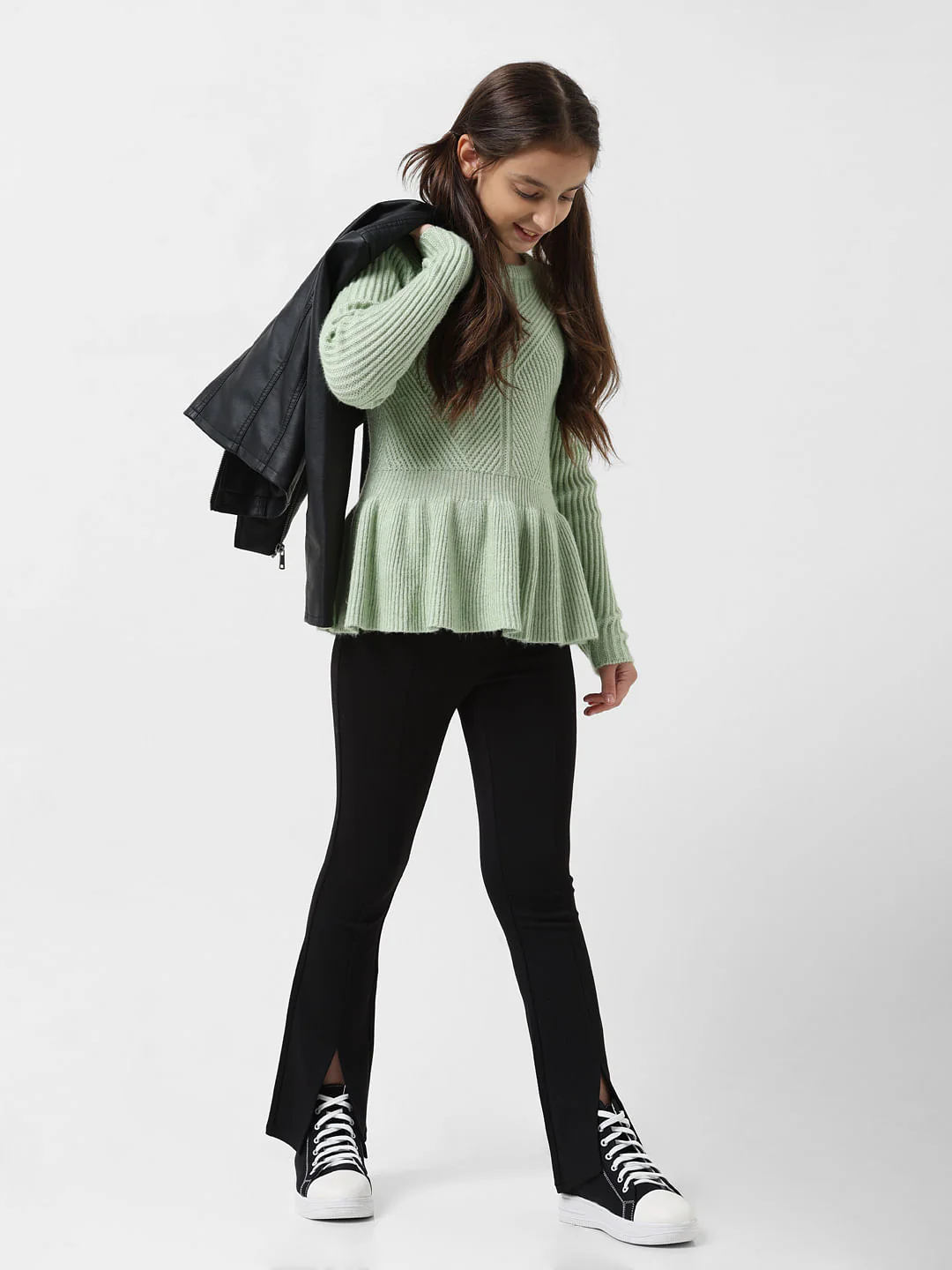 Girl Black Mid Rise Slit Flared Pants