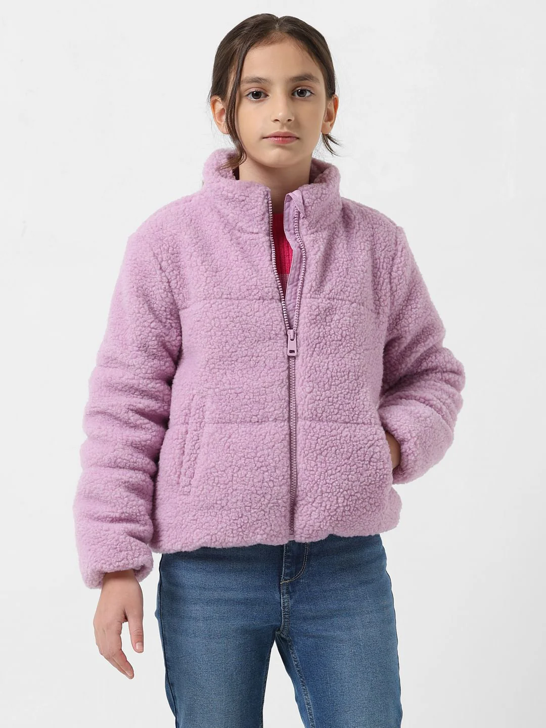 Girl Purple High-Neck Teddy Jacket