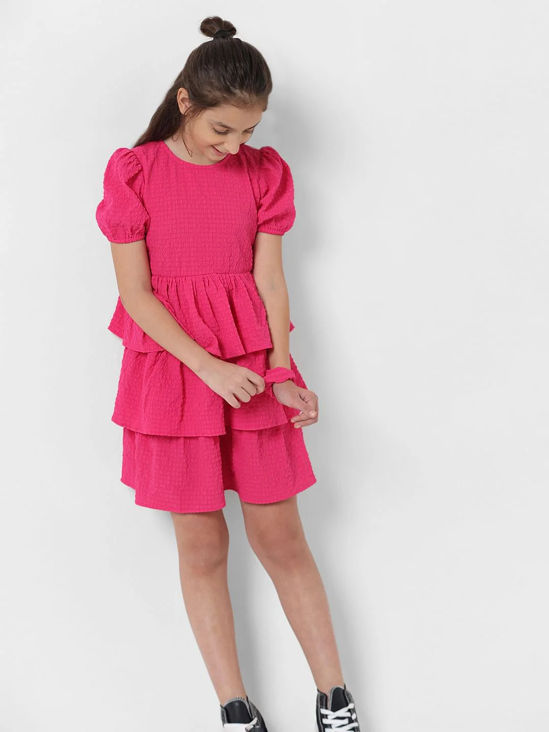 Girl Pink Textured Belted Fit & Flare Dress