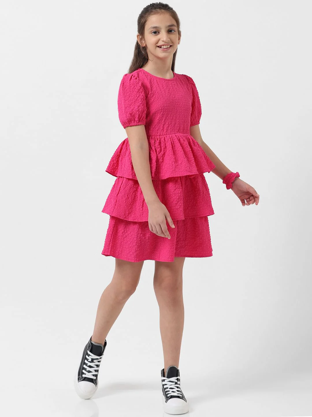 Girl Pink Textured Belted Fit & Flare Dress - Image 2