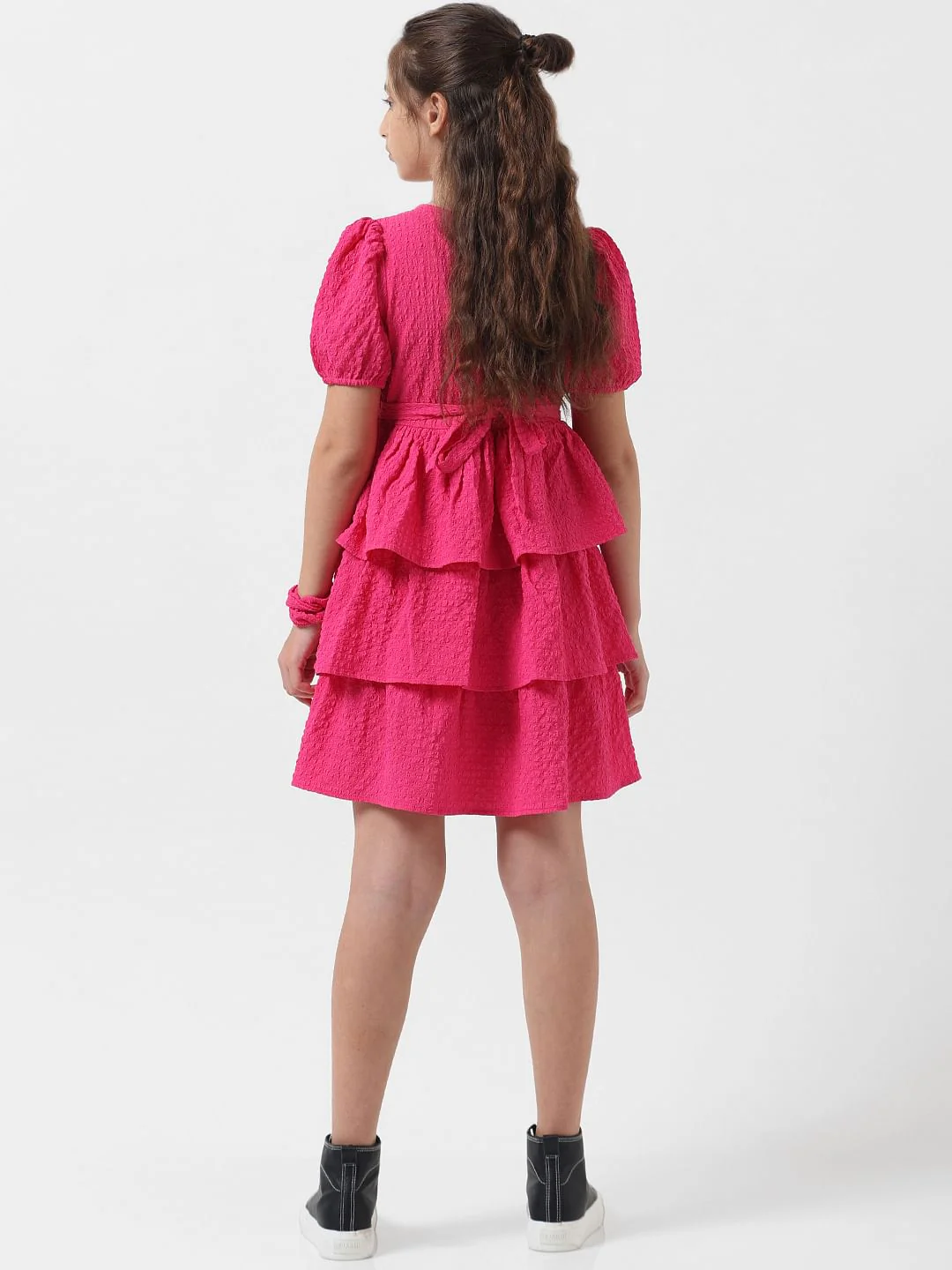Girl Pink Textured Belted Fit & Flare Dress - Image 3