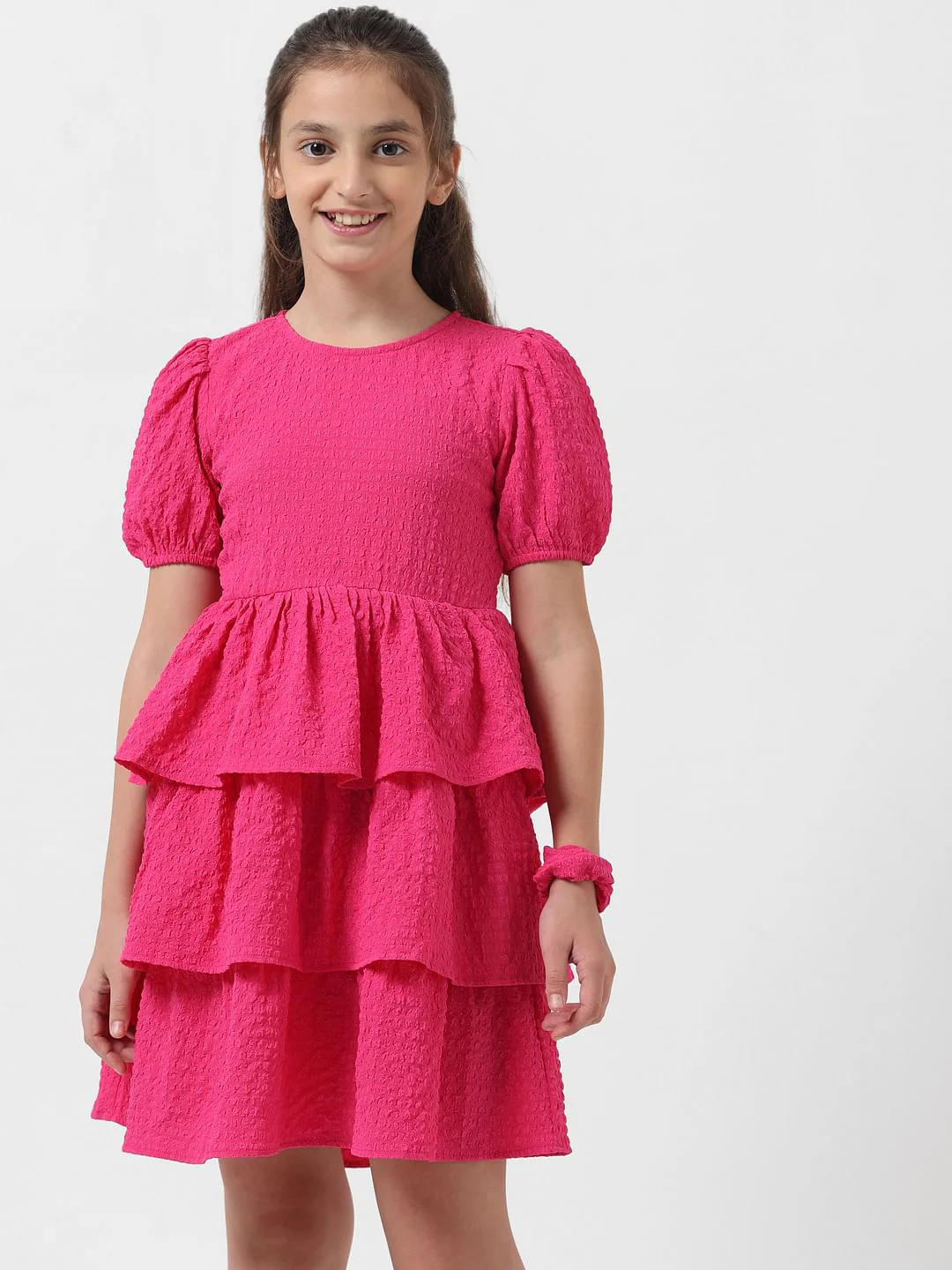 Girl Pink Textured Belted Fit & Flare Dress - Image 5