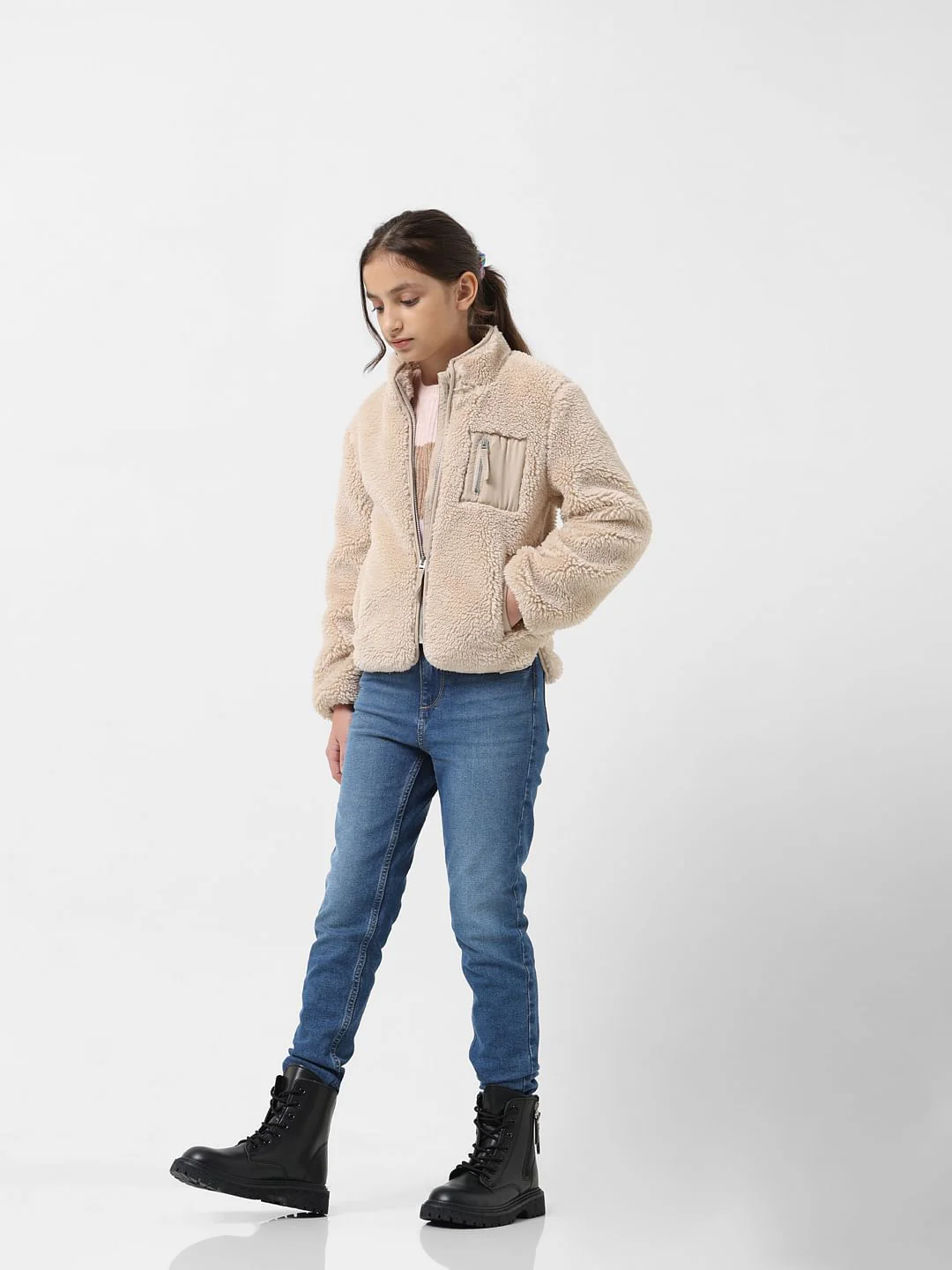 Girl Beige High Neck Sherpa Jacket