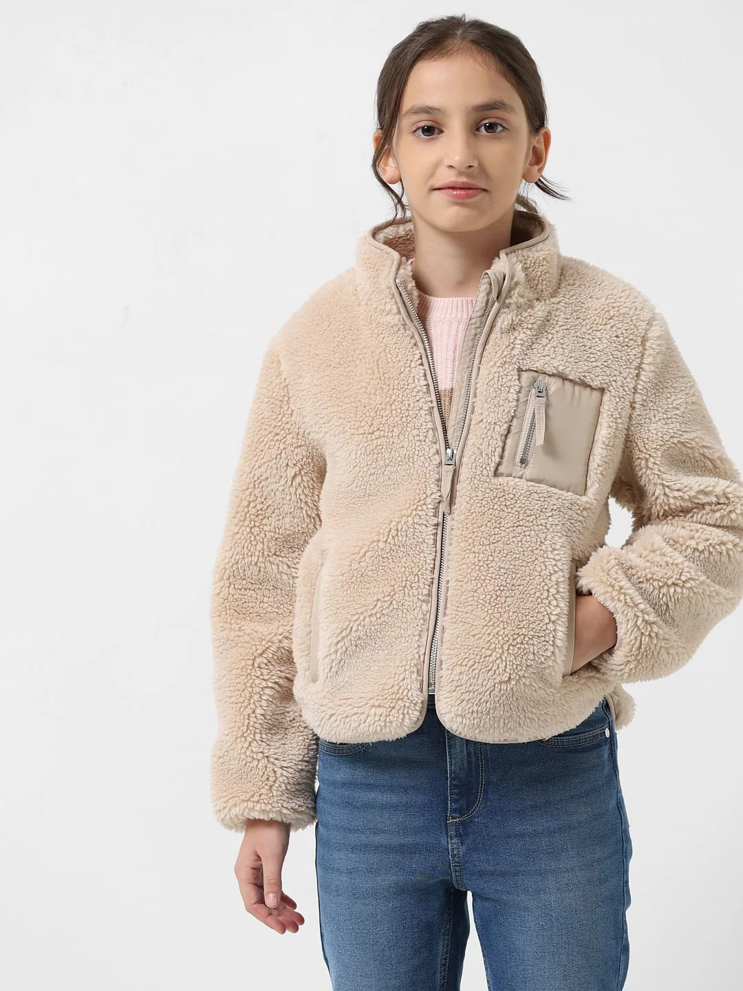 Girl Beige High Neck Sherpa Jacket - Image 2