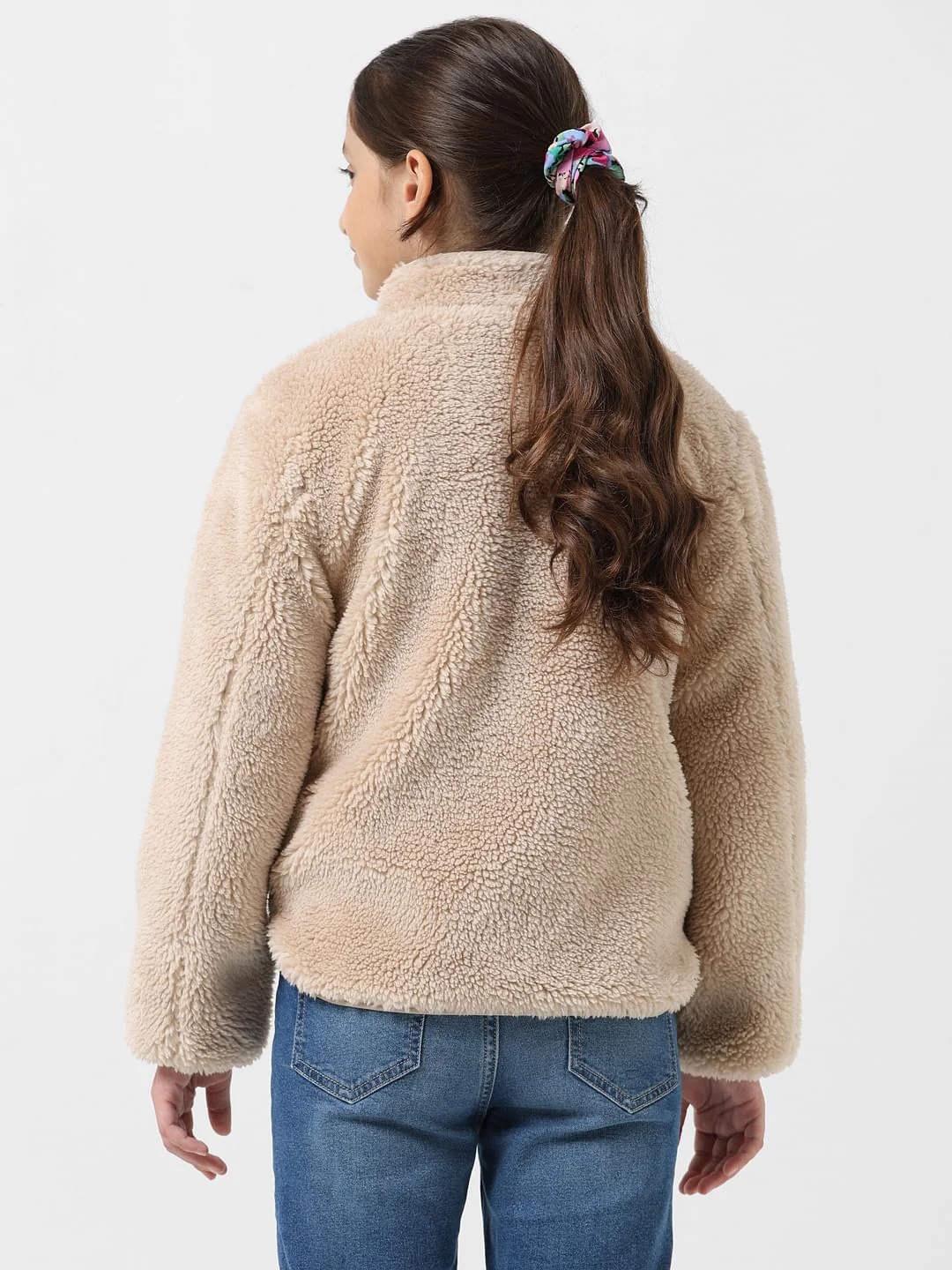 Girl Beige High Neck Sherpa Jacket - Image 3