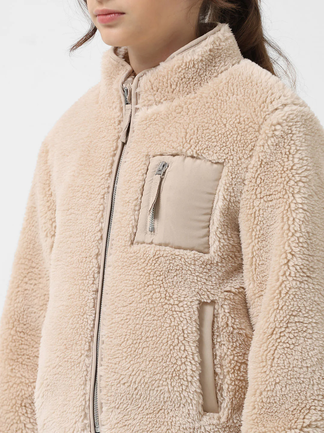 Girl Beige High Neck Sherpa Jacket - Image 4