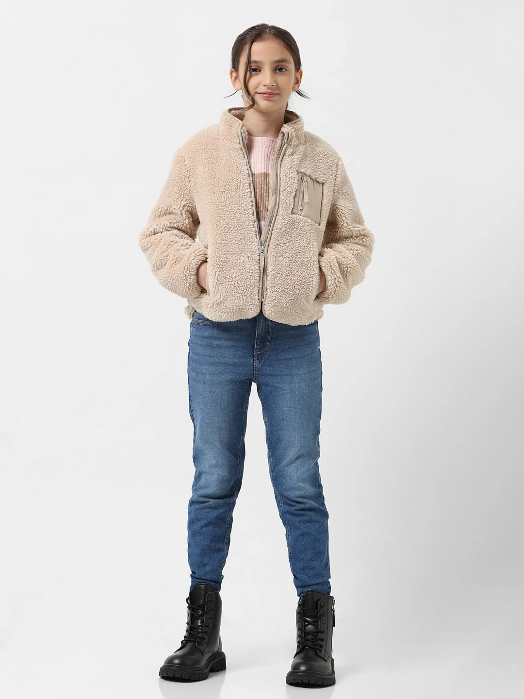 Girl Beige High Neck Sherpa Jacket - Image 5