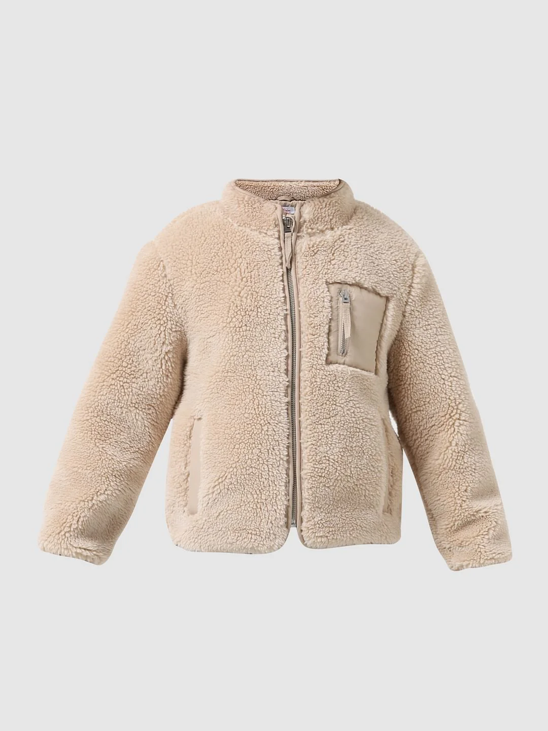 Girl Beige High Neck Sherpa Jacket - Image 6
