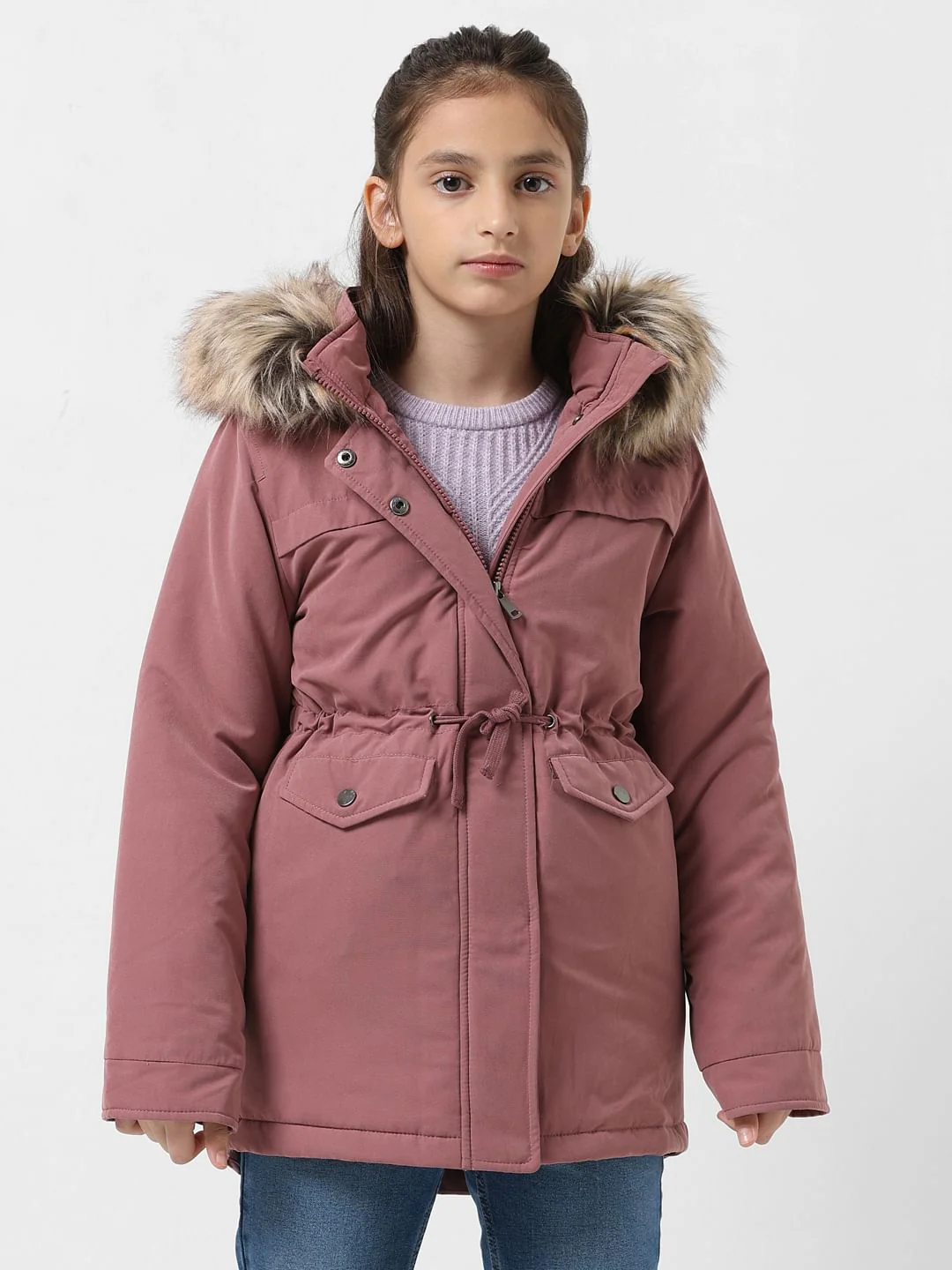 Girl Pink Faux Fur Hooded Parka Jacket - Image 2