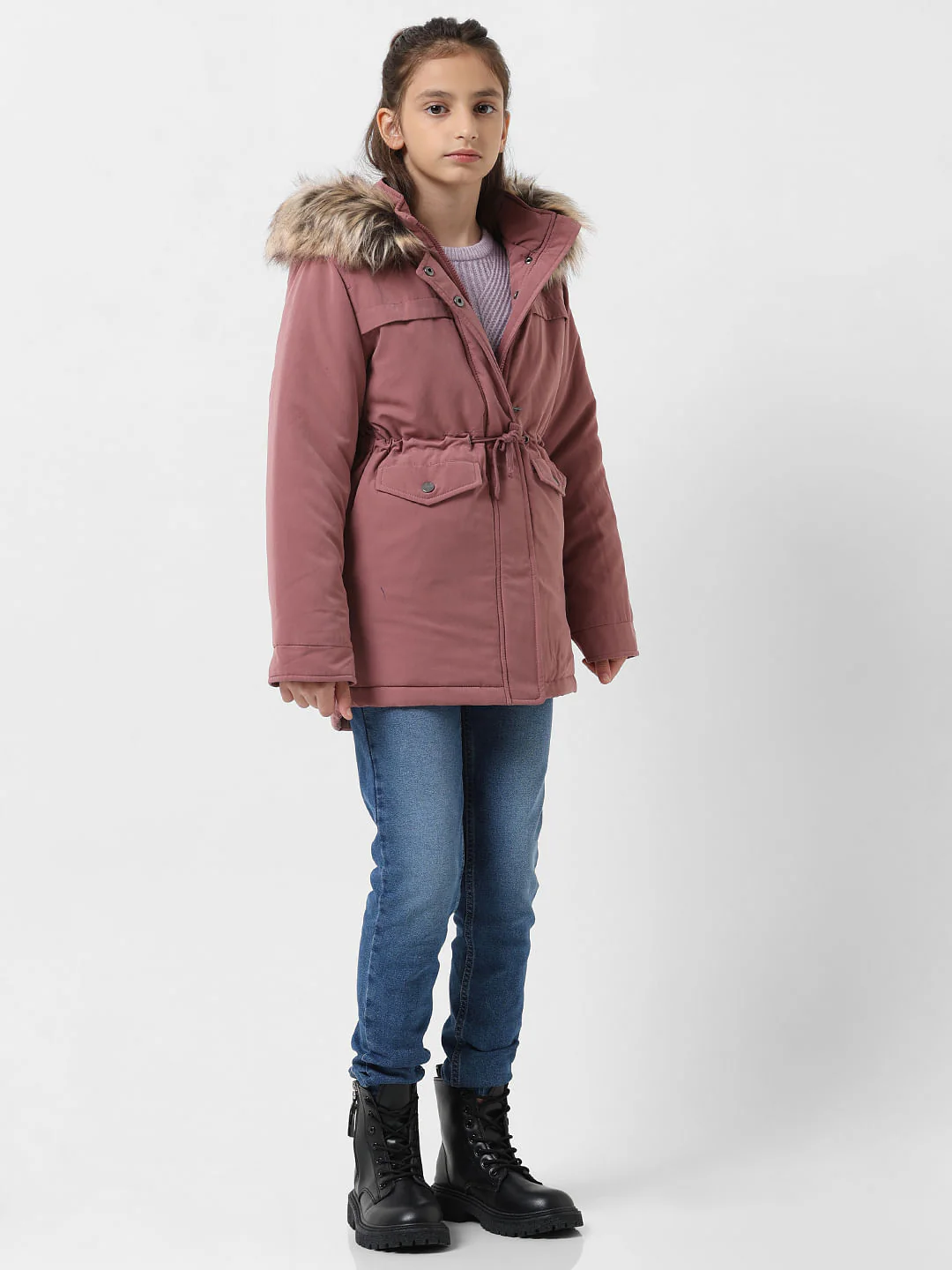 Girl Pink Faux Fur Hooded Parka Jacket - Image 5