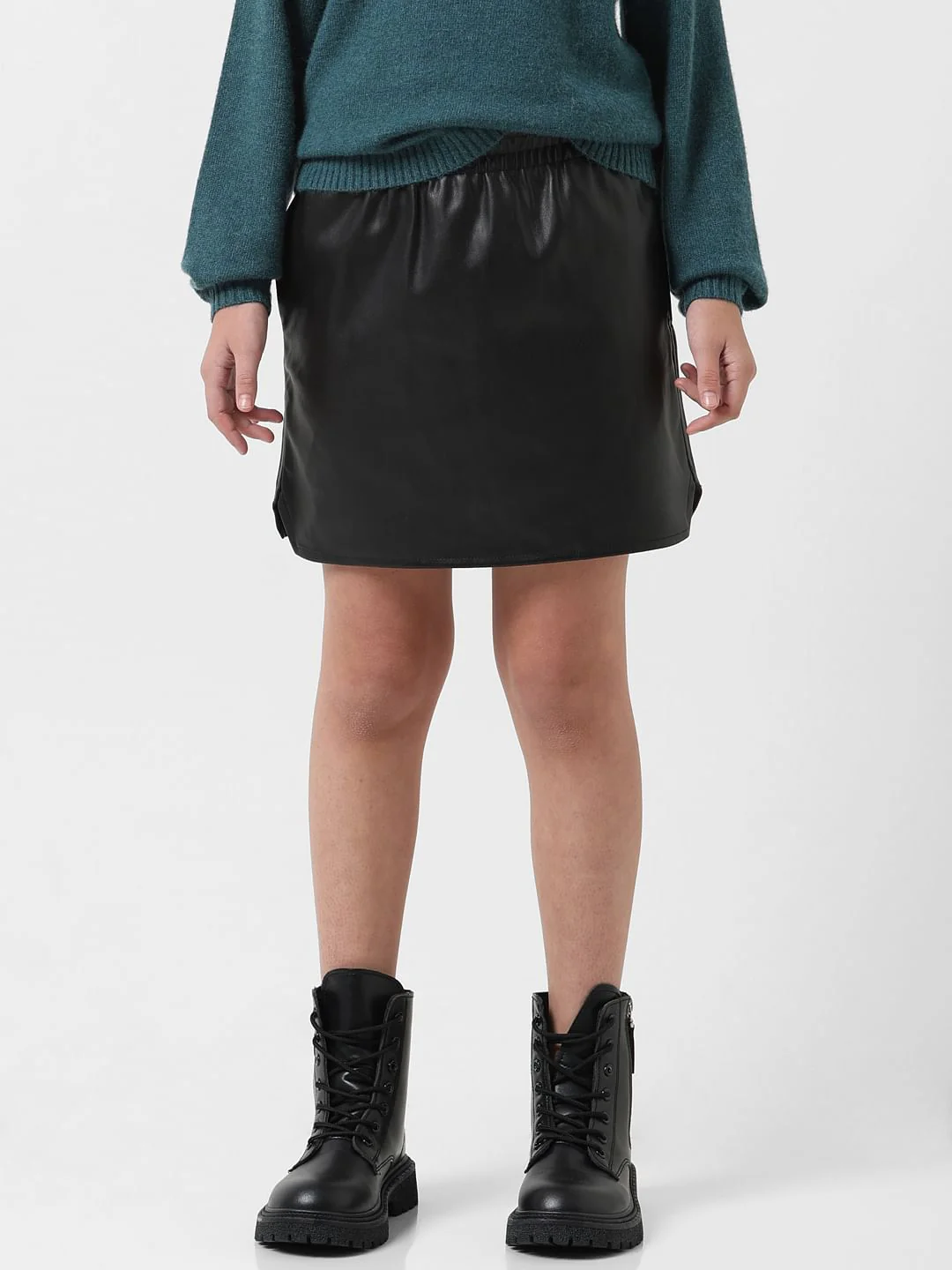 Girl Black Mid Rise Faux Leather Pull-Up Skirt - Image 2