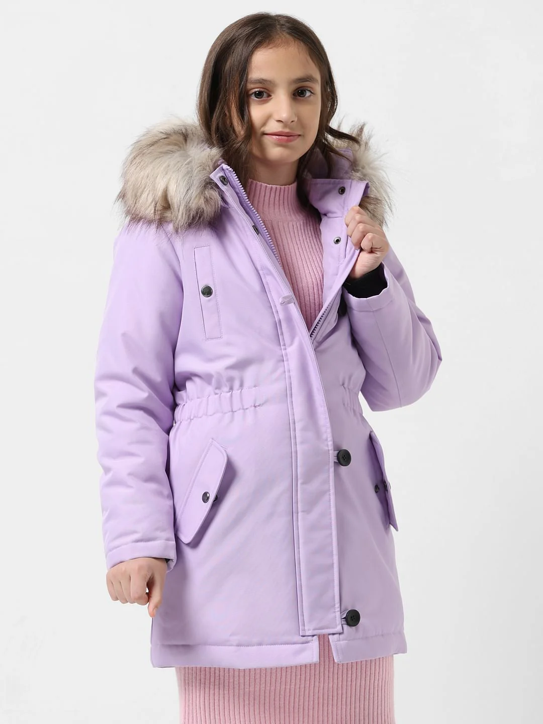 Girl Purple Faux Fur Hooded Parka Jacket - Image 2