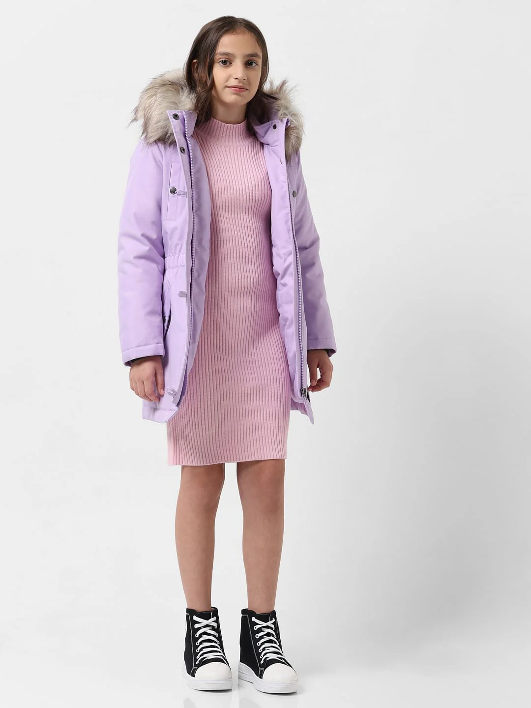 Girl Purple Faux Fur Hooded Parka Jacket - Image 5