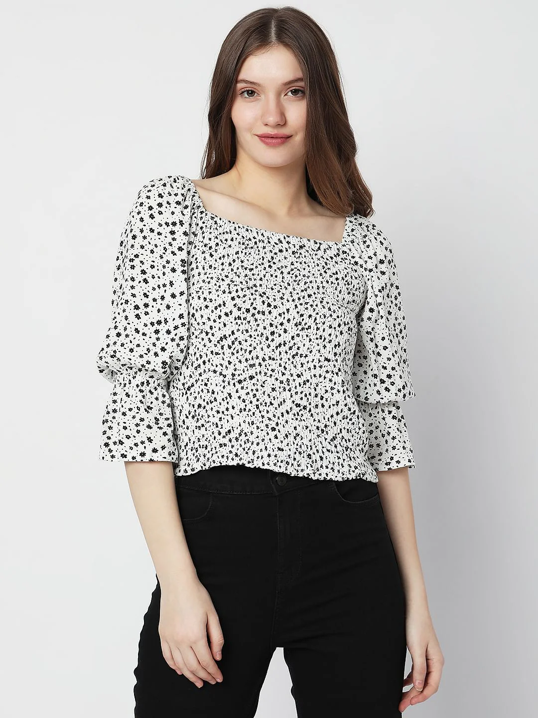 White Floral Smocked Top - Image 2