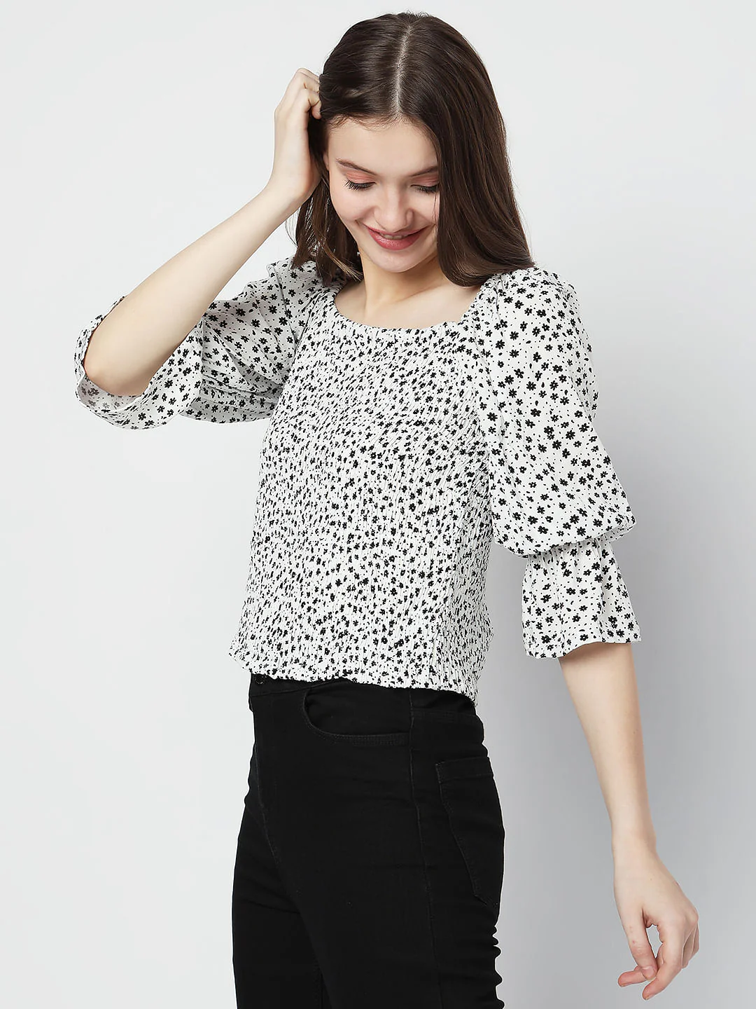 White Floral Smocked Top - Image 3