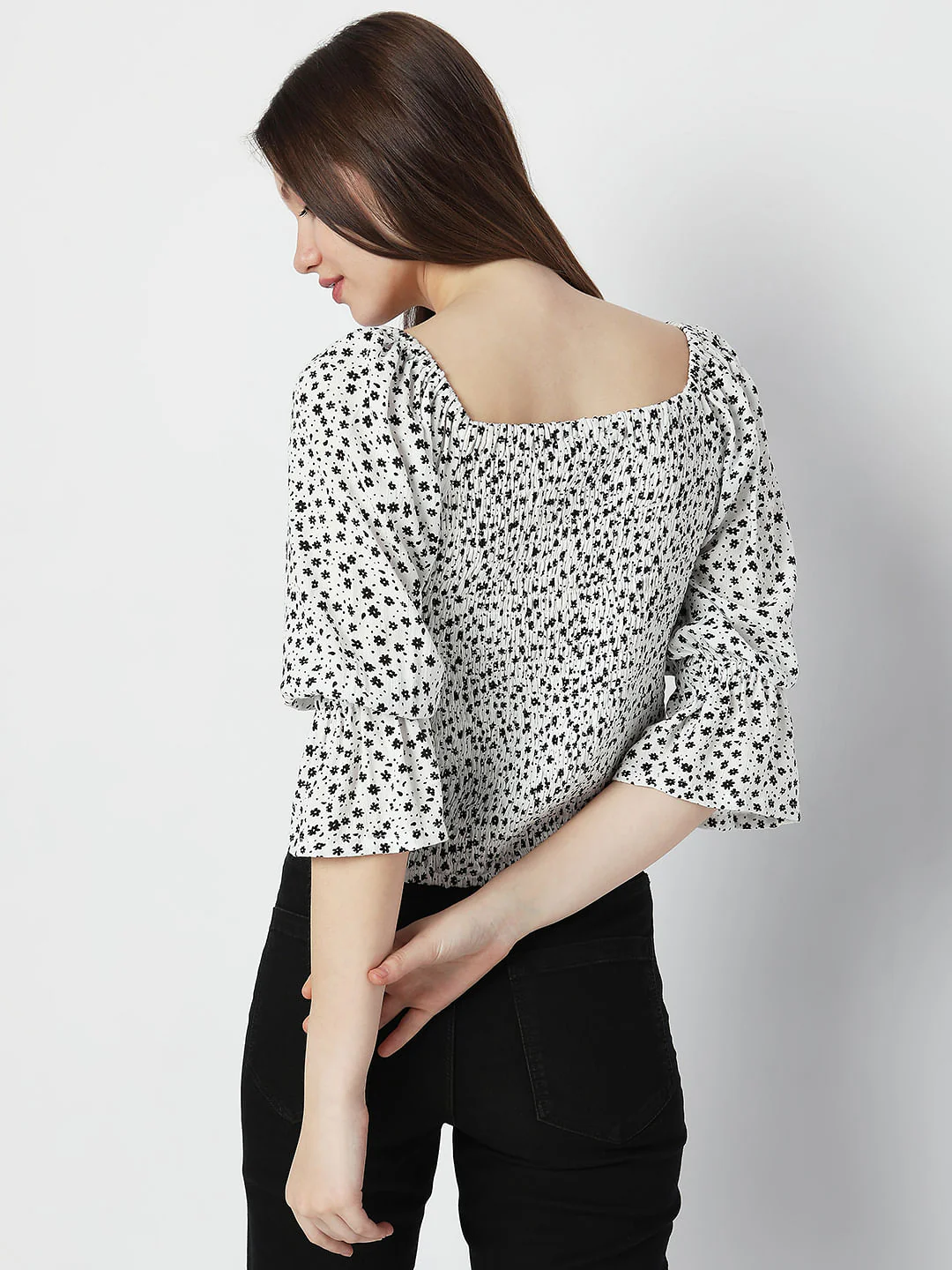 White Floral Smocked Top - Image 4