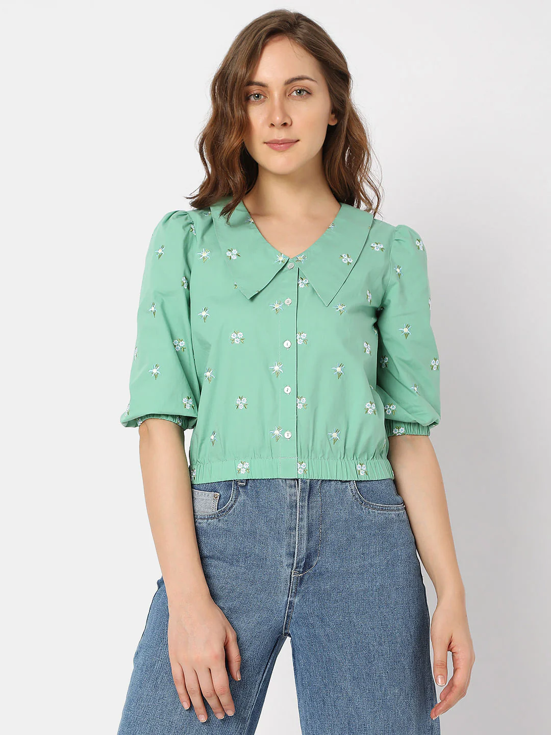 Green Cropped Floral Top - Image 2