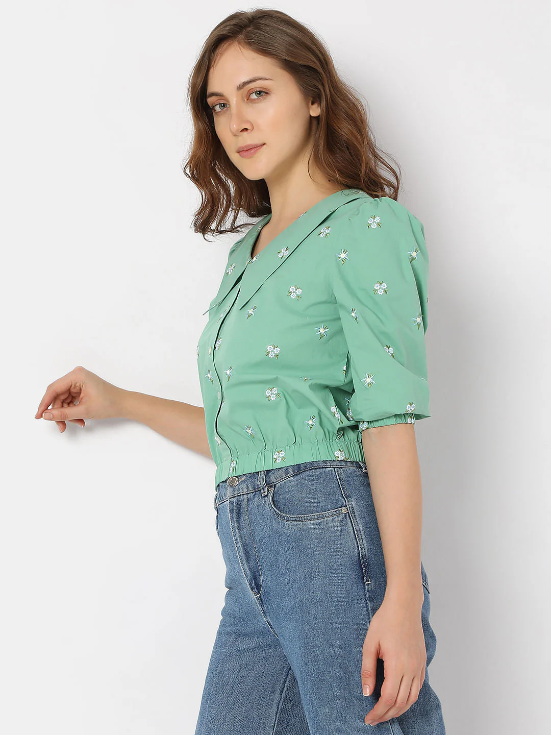 Green Cropped Floral Top - Image 3