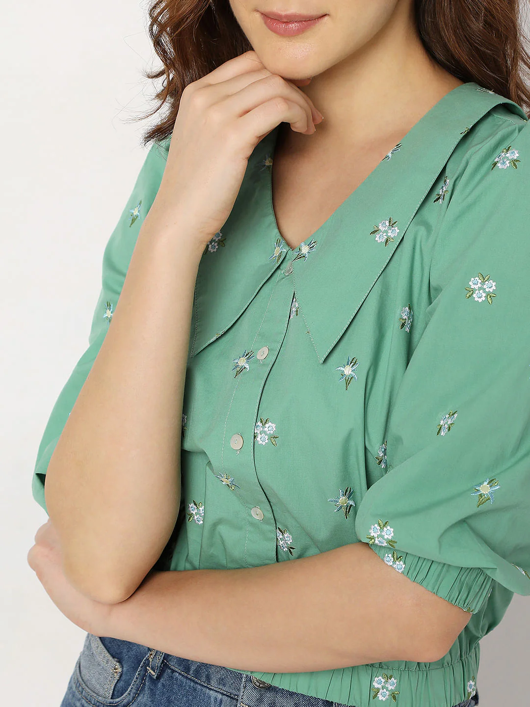 Green Cropped Floral Top - Image 6