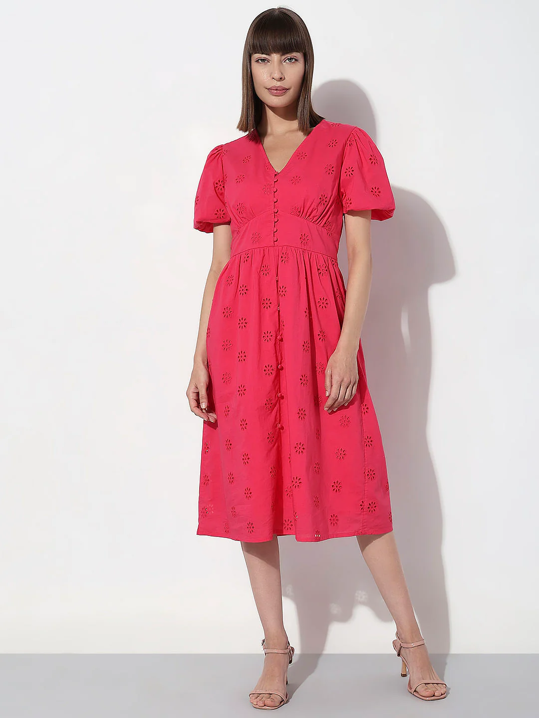Dark Pink Floral Schiffli Print Dress - Image 2