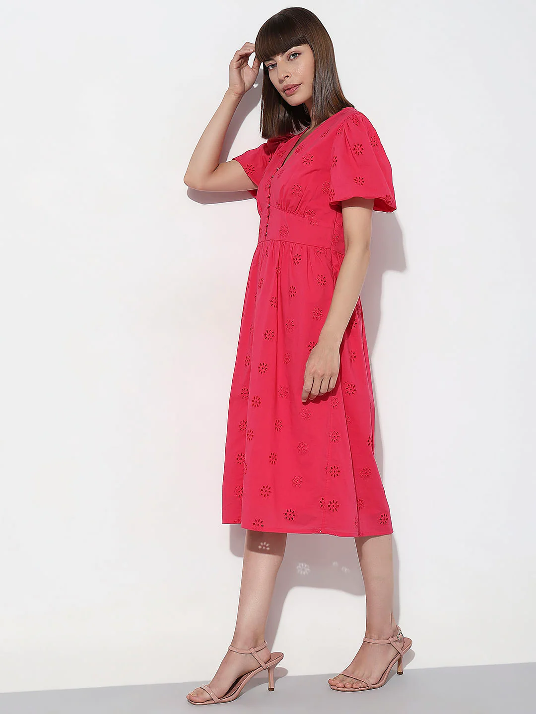 Dark Pink Floral Schiffli Print Dress - Image 3