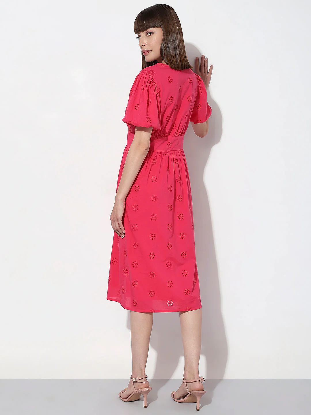 Dark Pink Floral Schiffli Print Dress - Image 4