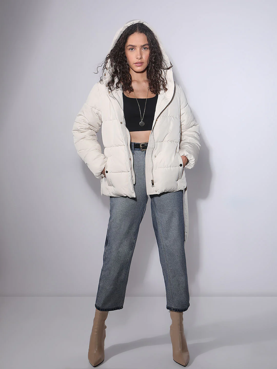 Beige Hooded Puffer Jacket