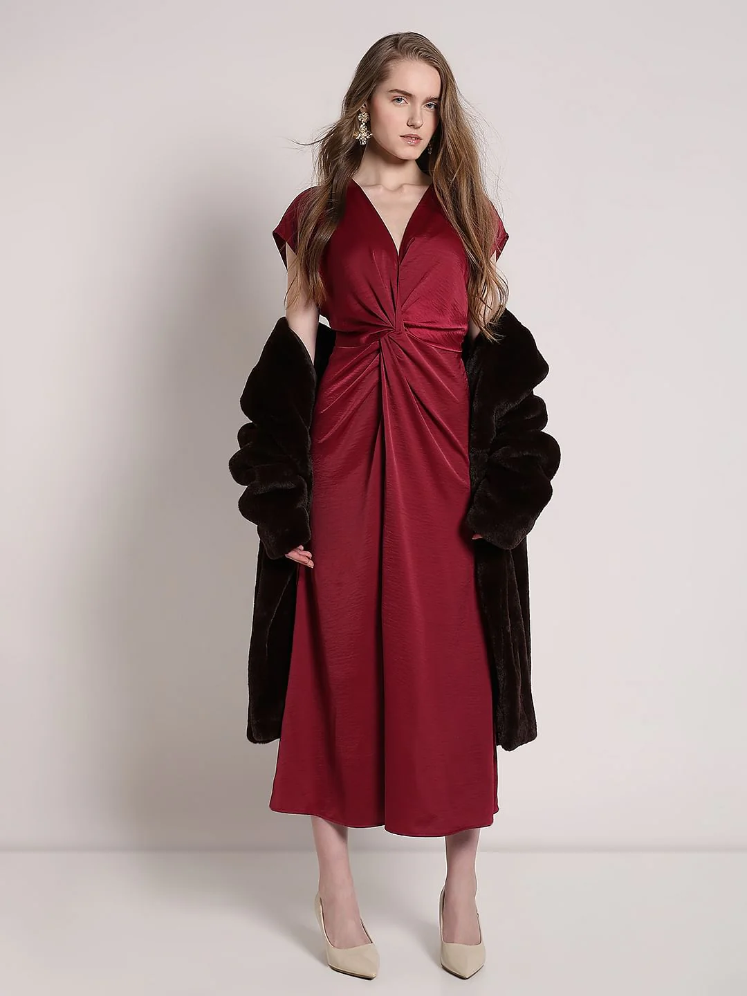 Red Front Knot Midi Dress
