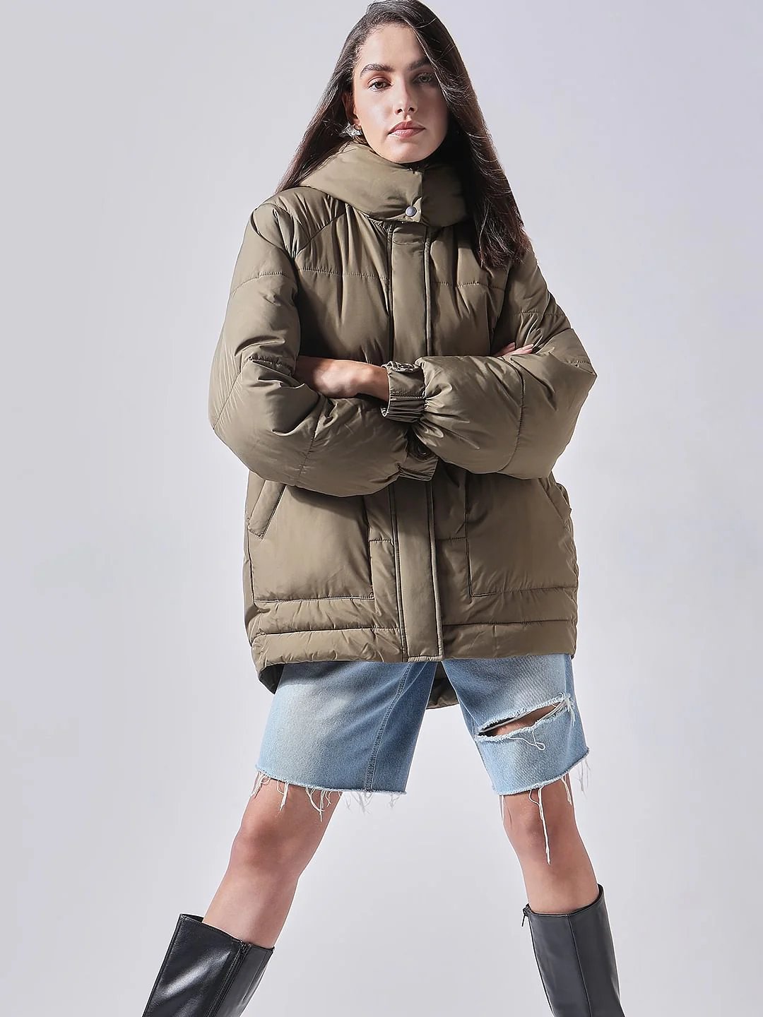 Brown Hooded Oversized Puffer Jacket