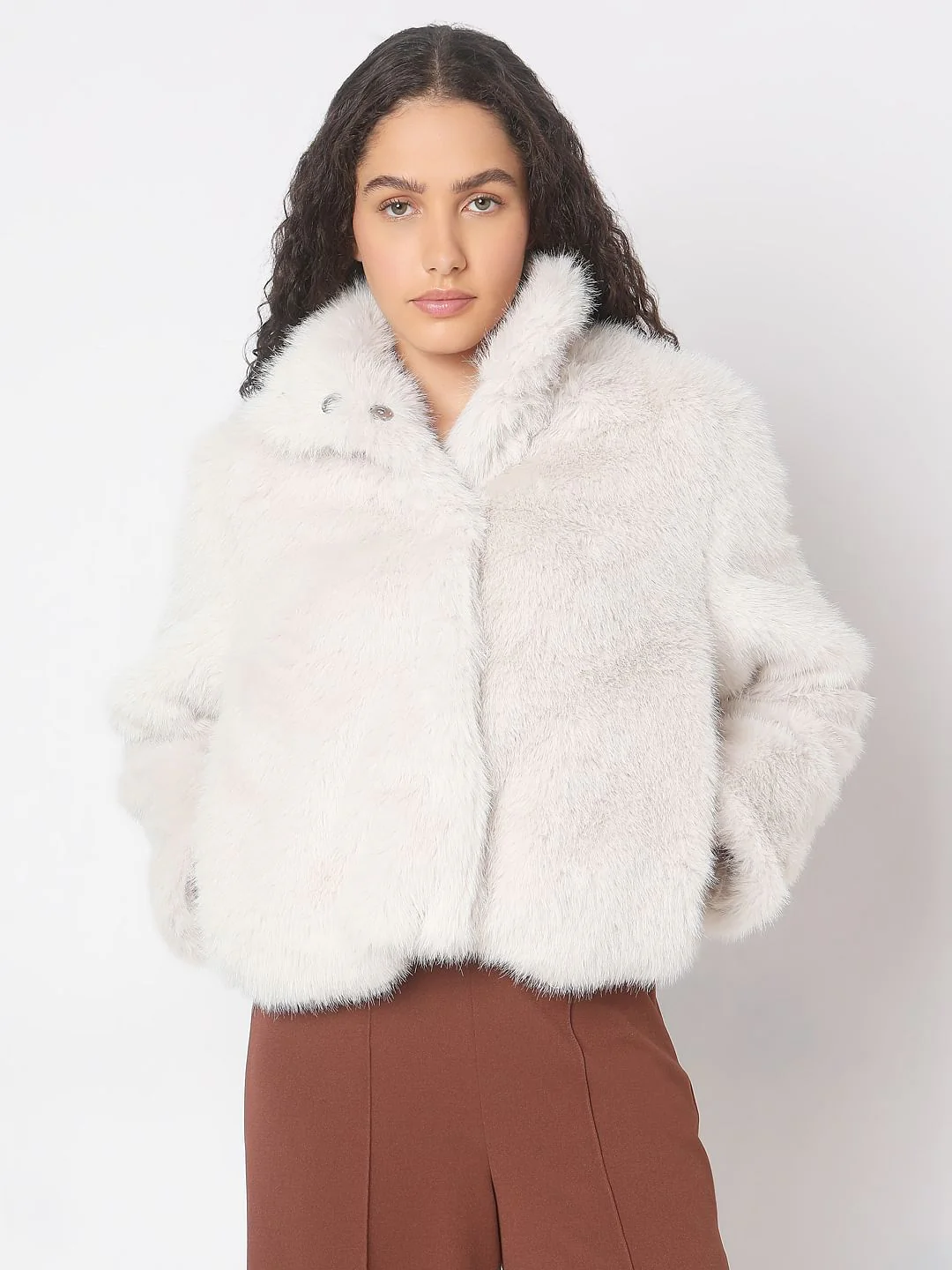 Beige Furry Hooded Short Jacket - Image 2