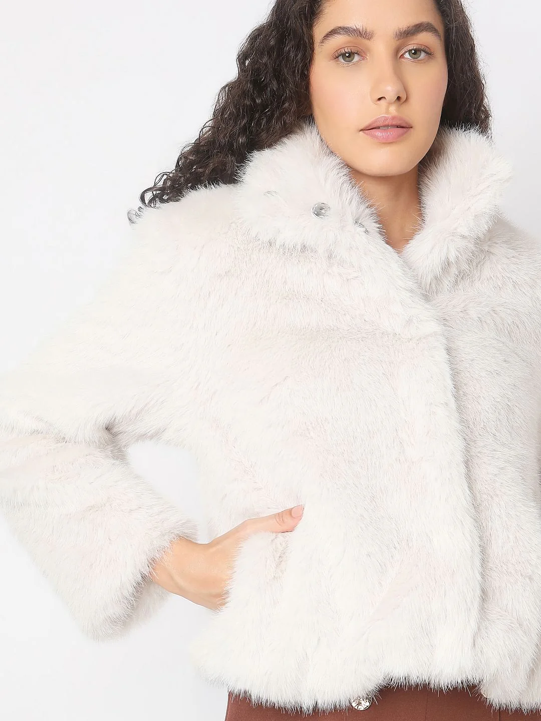 Beige Furry Hooded Short Jacket - Image 6