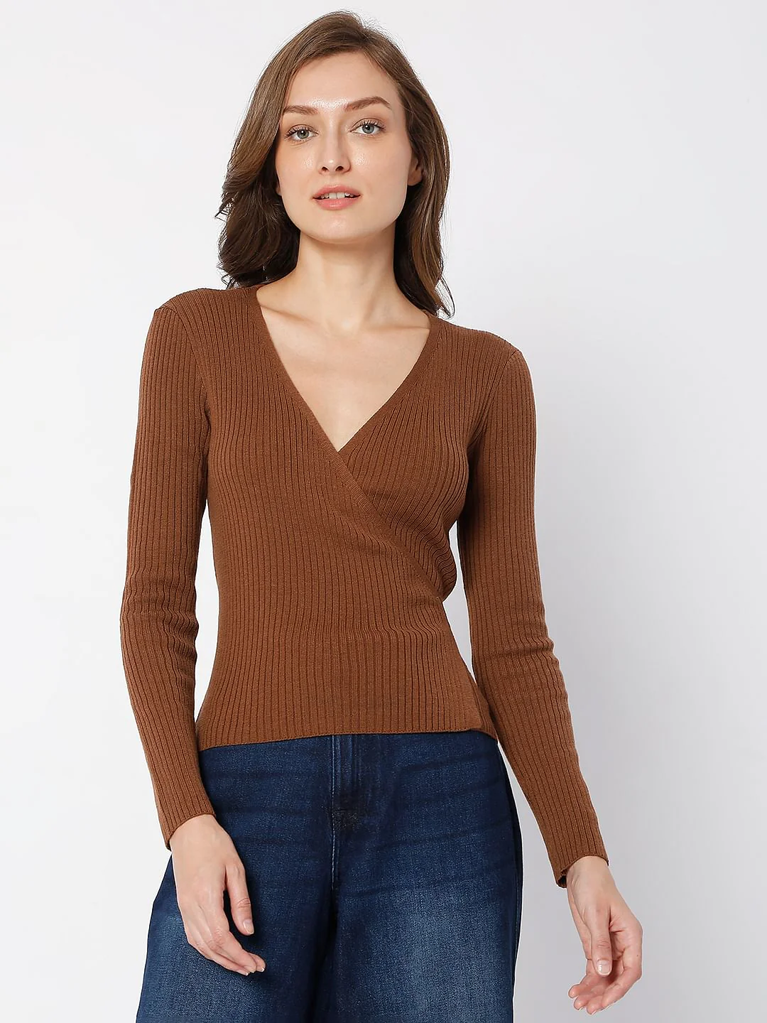 Brown Ribbed Wrap Top - Image 2