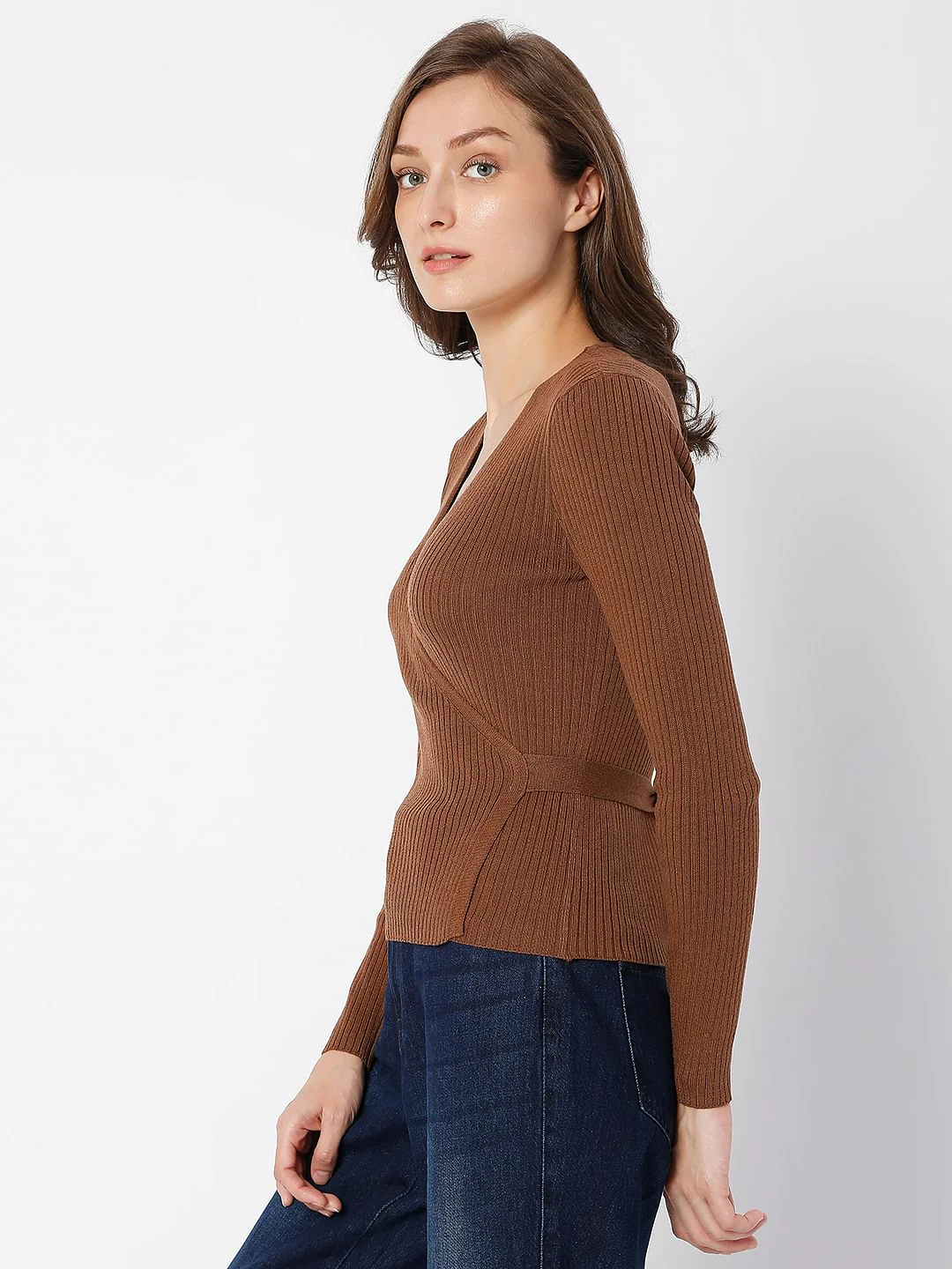Brown Ribbed Wrap Top - Image 3