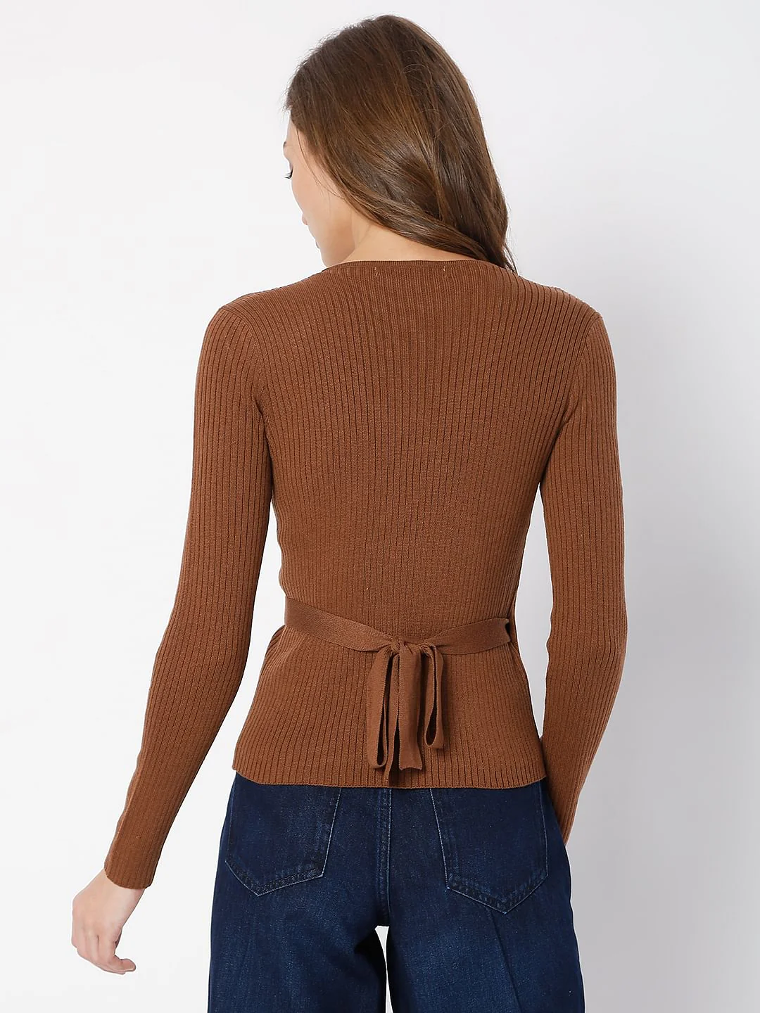 Brown Ribbed Wrap Top - Image 4