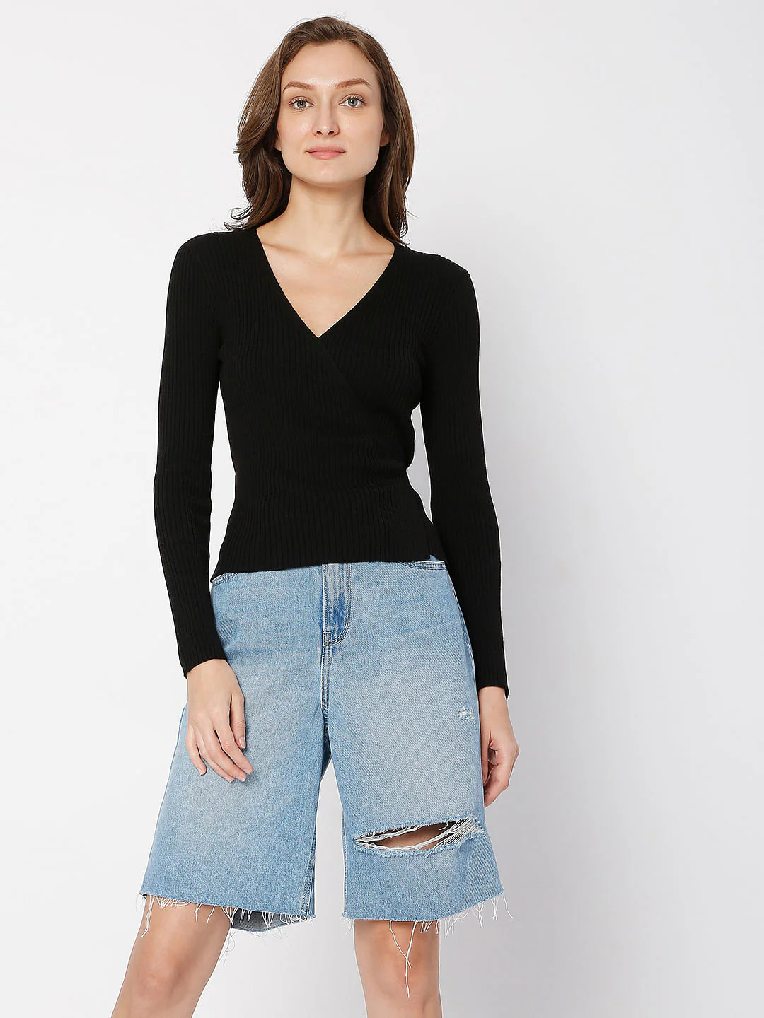 Black Ribbed Wrap Top - Image 2
