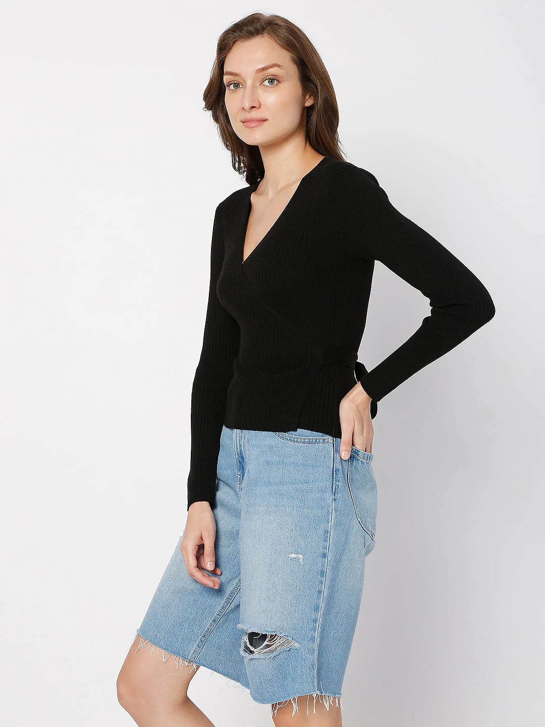 Black Ribbed Wrap Top - Image 3