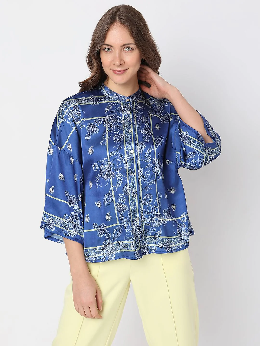 Blue Floral Mandarin Collar Shirt - Image 2
