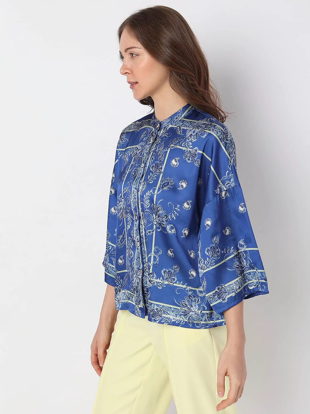 Blue Floral Mandarin Collar Shirt - Image 3