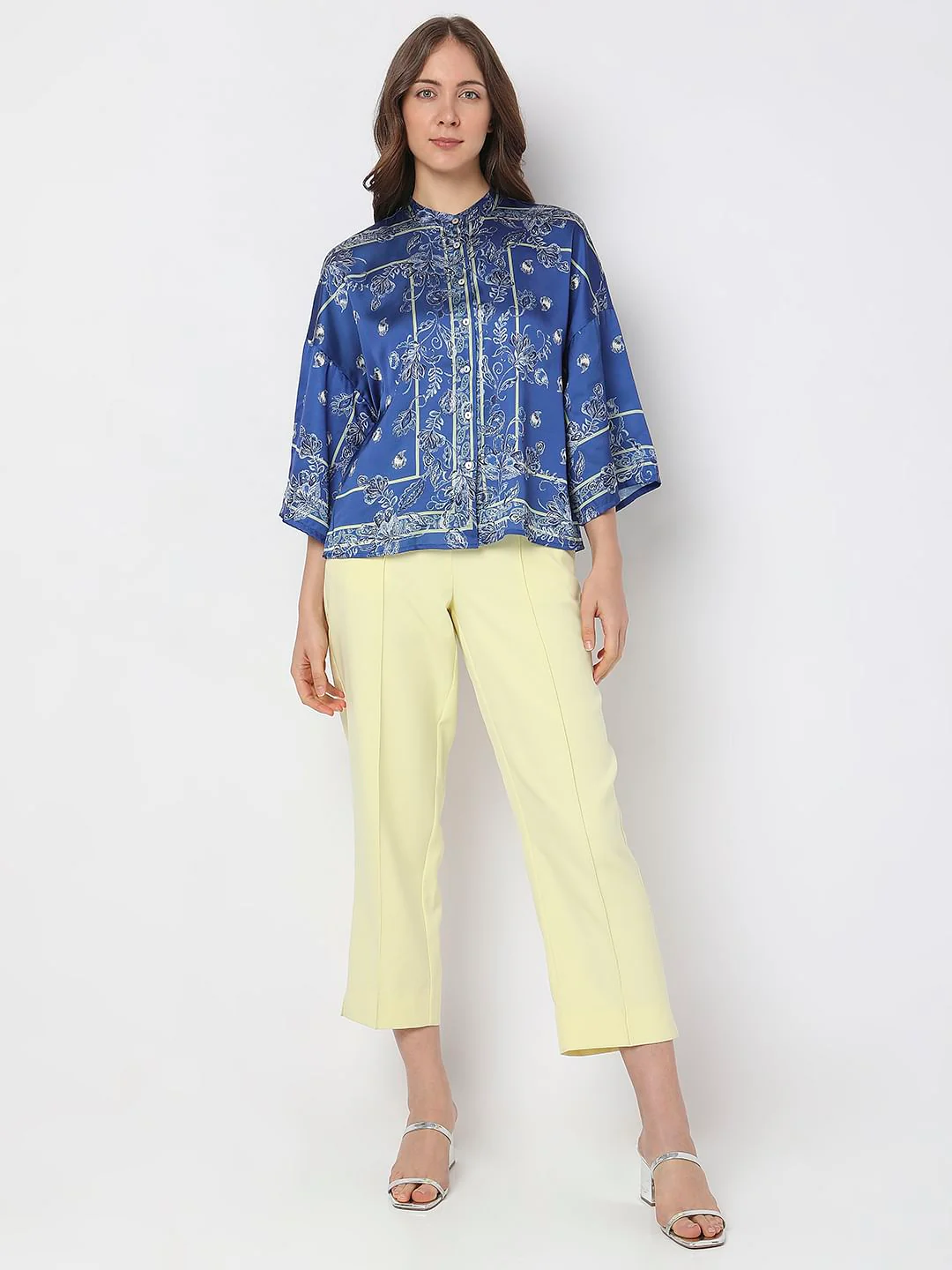 Blue Floral Mandarin Collar Shirt - Image 5