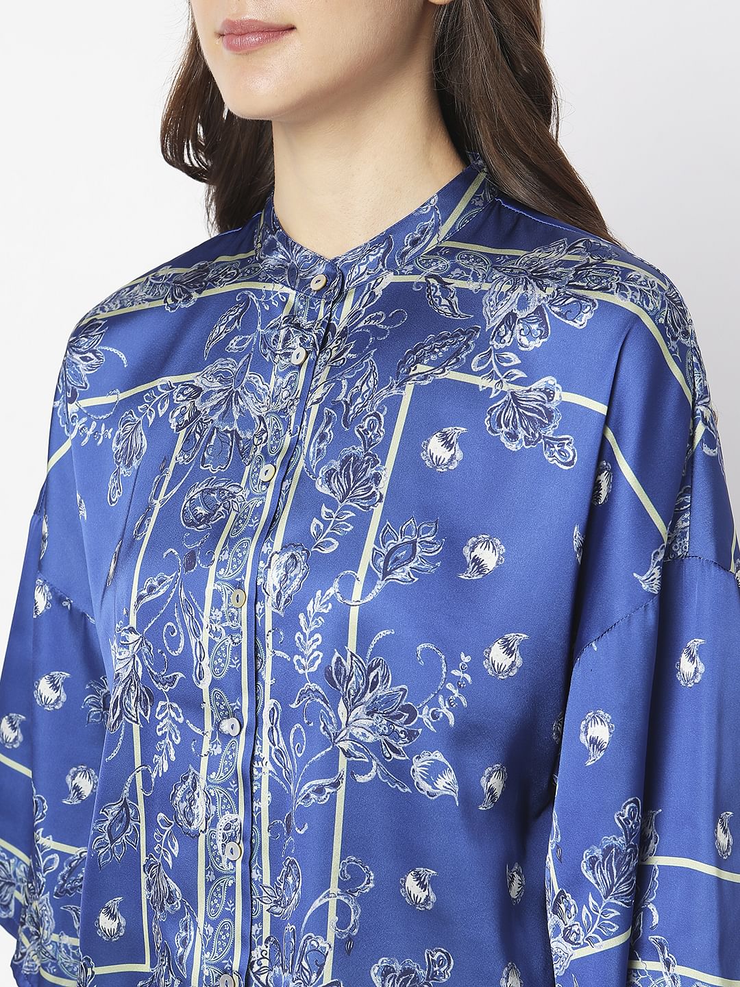 Blue Floral Mandarin Collar Shirt - Image 6