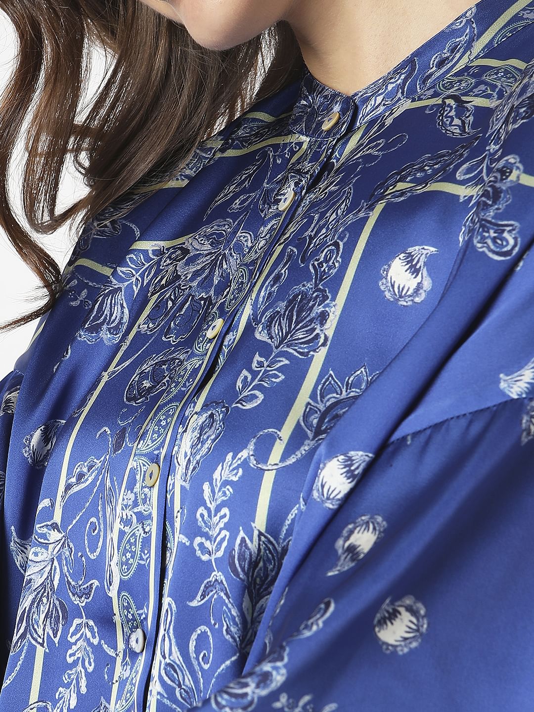 Blue Floral Mandarin Collar Shirt - Image 8