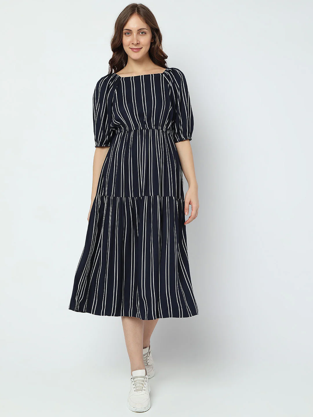Navy Blue Striped Midi Dress - Image 2